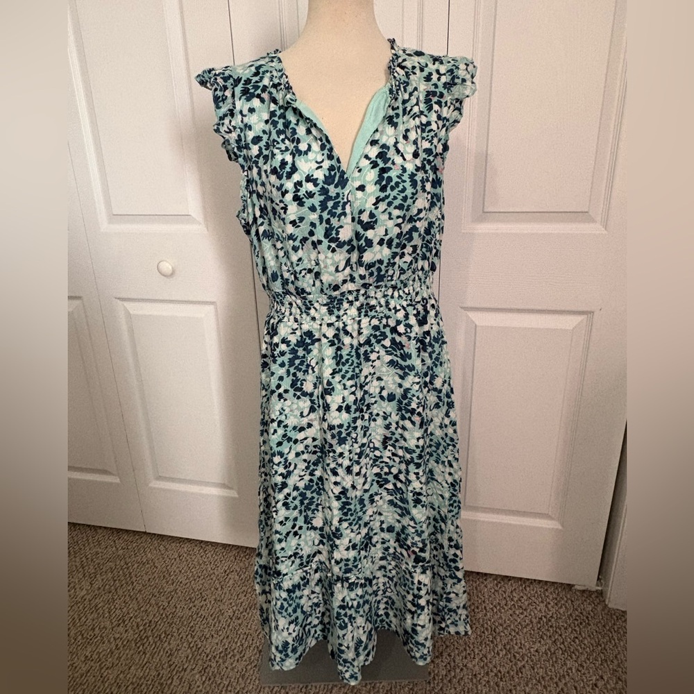 LOFT Ruffled Floral Midi Dress in Teal and White